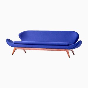 Blue Raf Simons Fabric & Walnut Sofa by Luigi Tiengo for Cimon, 1963