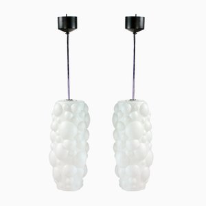 Czech White Opaline Glass Bubble Pendants Lamps, 1960s, Set of 2
