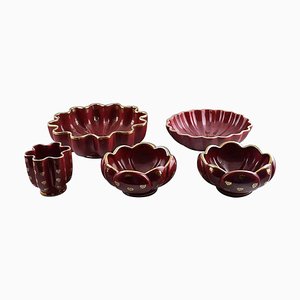 Red Rubin Pottery with Red Glaze with by Gold Upsala-Ekeby for Gefle, 20th Century, Set of 4