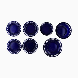 Plates and Bowls in Dark Blue Art Glass by William Steberg for Gullaskuf, 1960s, Set of 7