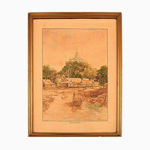 Watercolor on Paper Phu Khao Thong & Temple of the Holy Mount, Early 20th Century