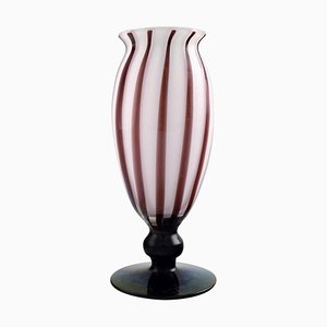 Murano Vase on Foot with Cherry Colored Stripes in Mouth Blown Art Glass, 1960s