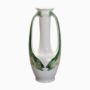 Vase Art Nouveau en Porcelaine avec Deux Poignées en Forme de Poisson