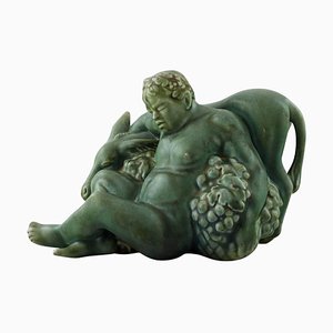 Grün glasierte Keramikfigur von Bacchus und Esel von Harald Salomon für Rörstrand, 20. Jahrhundert