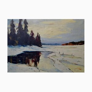 Paesaggio invernale con olio di foresta su tela di Axel Lind, XX secolo
