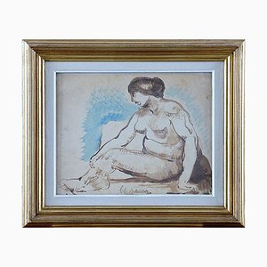 Watercolor Painting of Seated Model by Lagar Celso, 20th Century