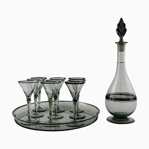 Art Deco Art Glass 9-Piece Liqueur Set with Decanter by Simon Gate for Orrefors, 1950s, Set of 11