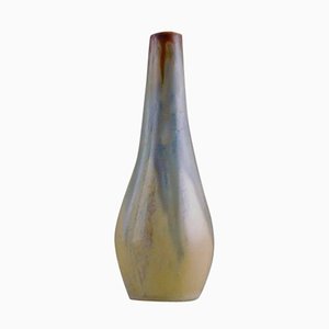 Art Deco Vase in Flaming Yellow, Blue and Brown by Gilbert Metenier, 1920s