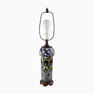 Lámpara de mesa antigua con motivos florales de fayenza de Alumina