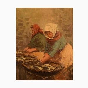 Fishmongers Oil on Canvas by S. C. Bjulf, 1940s