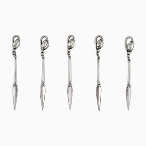 Antique Magnolia Nutpickers of Sterling Silver from Georg Jensen, Set of 5