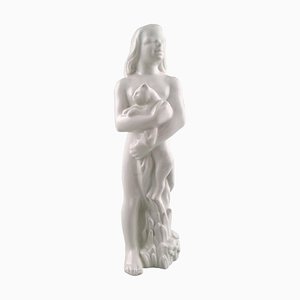 White Glazed Figurine of a Girl with Ca by Harold Salomon for Rorstrand