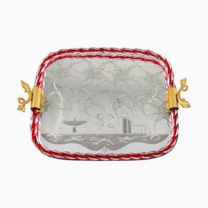 Bandeja italiana rectangular de cristal de Murano con revestimiento de espejo