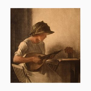Interior with Mandolin Playing Young Woman Mezzotint by Peter Ilsted
