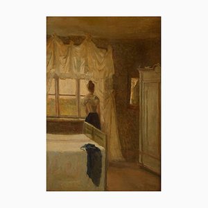 Interno da camera da letto con dipinto di Woman by the Window