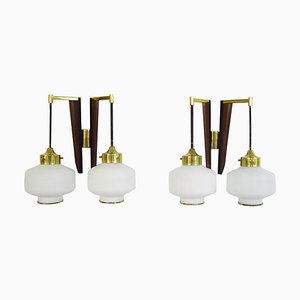 Italian Modern Teak, Brass and Opal Glass Wall Lights by Stilnovo, 1950s, Set of 2