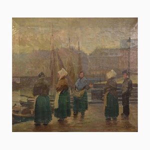 Huile sur Toile Fishwives at the Old Dock par Søren Christian Bjulf