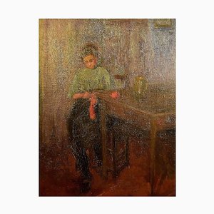 Interior with a Knitting Girl in Fritz von Uhde Style, 1900s