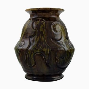 Vaso Art Nouveau in ceramica smaltata verde scura di Moller & Bøgely, Danimarca