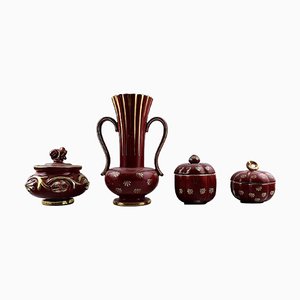 Collection de Poterie Rouge Rubin avec Vernis Rouge et Or par Arthur Percy pour Upsala-Ekeby, Set de 4