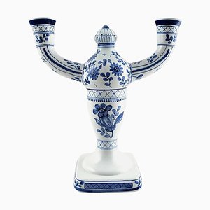 Aluminia & Royal Copenhagen Blue Tranquebar 2-Arm Candleholder, 1940s