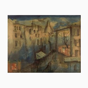 Mogens Vantore Scenery from Paris in Crayon, Pencil and Watercolor on Paper