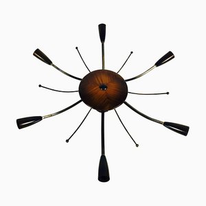 Grand Lustre Sputnik Mid-Century en Bois à 6 Bras, 1950s