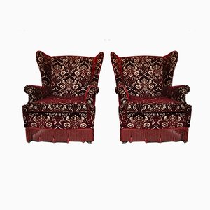 Mid-Century Italian Red Damask Velvet Lounge Chairs, 1950s, Set of 2