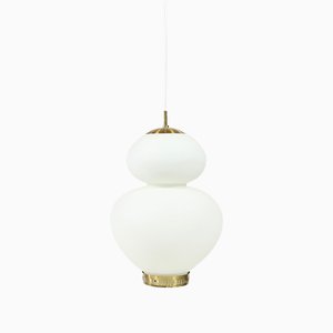 Large Danish Modern Brass and Opaline Glass Peanut Pendant Lamp by Bent Karlby for Lyfa, 1950s