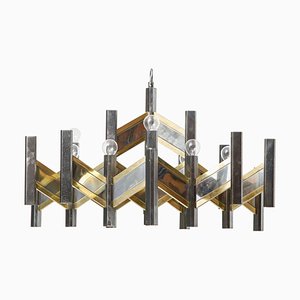 Modernist Brass & Chrome Zig Zag Chandelier by Gaetano Sciolari, 1967