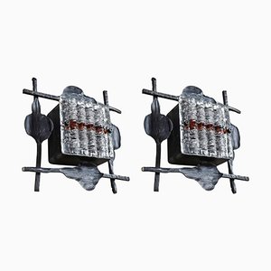 Brutalist Glass and Wrought Iron Lights by Tom Ahlström & Hans Ehrich, 1968, Set of 2