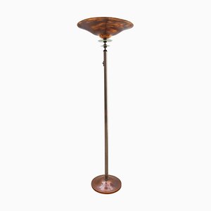 French Art Deco Torchiere Floor Lamp with Brass and Glass, 1926