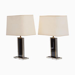 French Black and Clear Acrylic Glass & Brass Table Lamps, 1970s, Set of 2