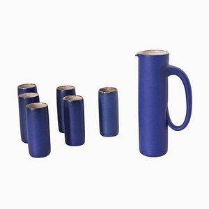 Ceramic Jug and Six Mugs with Blue Glaze by Kasper Würtz, 1970s, Set of 7