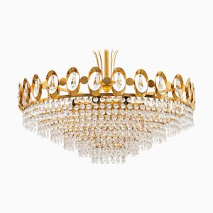 Large German Gold, Gilt Brass & Crystal Chandelier from Palwa, 1970s