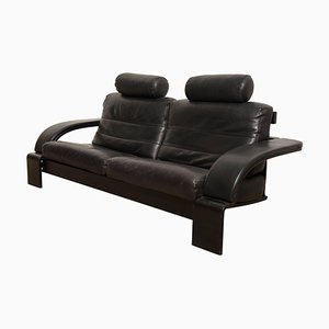 Large Mid-Century Italian Black Leather Lounge Sofa, 1980s