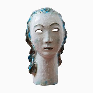 Ceramic Girl with Blue Hair Portrait by Erwin Spuler for Majolica Manufactory of Karlsruhe, 1930s