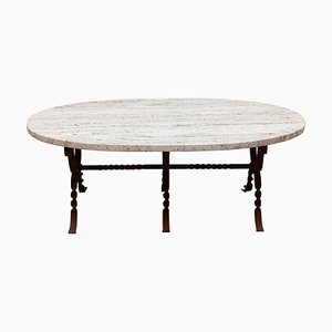 Brutalist Wrought Iron Travertine Oval Top Coffee Table, 1960s