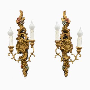 Rococo Style Carved and Polychrome Painted Wooden Sconces, 1930s, Set of 2