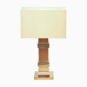 Large Geometric Brass and Chrome Table Lamp from Maison Charles, 1970s