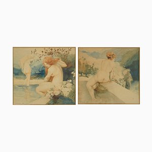 Jugendstil Akt Aquarell von A. Crommen, 1918, 2er Set