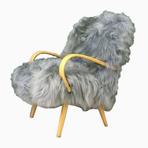 Fauteuil Art Déco Vintage en Peau de Mouton Gris