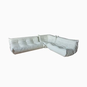 Sedia ad angolo Togo in pelle bianca di Michel Ducaroy per Ligne Roset, set di 3