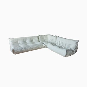 White Leather Togo Corner Chair, 2- and 3-Seat Sofa by Michel Ducaroy for Ligne Roset, Set of 3