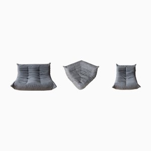 Grey Microfiber Togo Lounge Chair, Corner Chair and 2-Seat Sofa by Michel Ducaroy for Ligne Roset, Set of 3