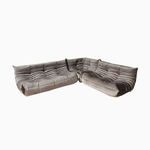 Chaise d'Angle Gris Bouclette Togo, Canapé 2 et 3 Places par Michel Ducaroy pour Ligne Roset, Set de 3