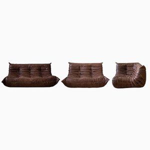 Sedie angolari Togo in pelle marrone scuro di Michel Ducaroy per Ligne Roset, set di 3