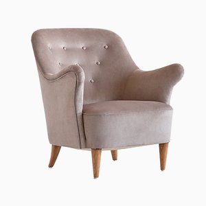 Swedish Taupe Velvet and Elm Armchair by Elsa Gullberg, 1930s