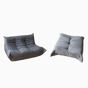 Set of Grey Microfiber Togo Pouf and 2-Seat Sofa by Michel Ducaroy for Ligne Roset