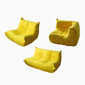 Fauteuil, Chaise d'Angle et Canapé 2 Places Togo en Microfibre Jaune par Michel Ducaroy pour Ligne Roset, Set de 3